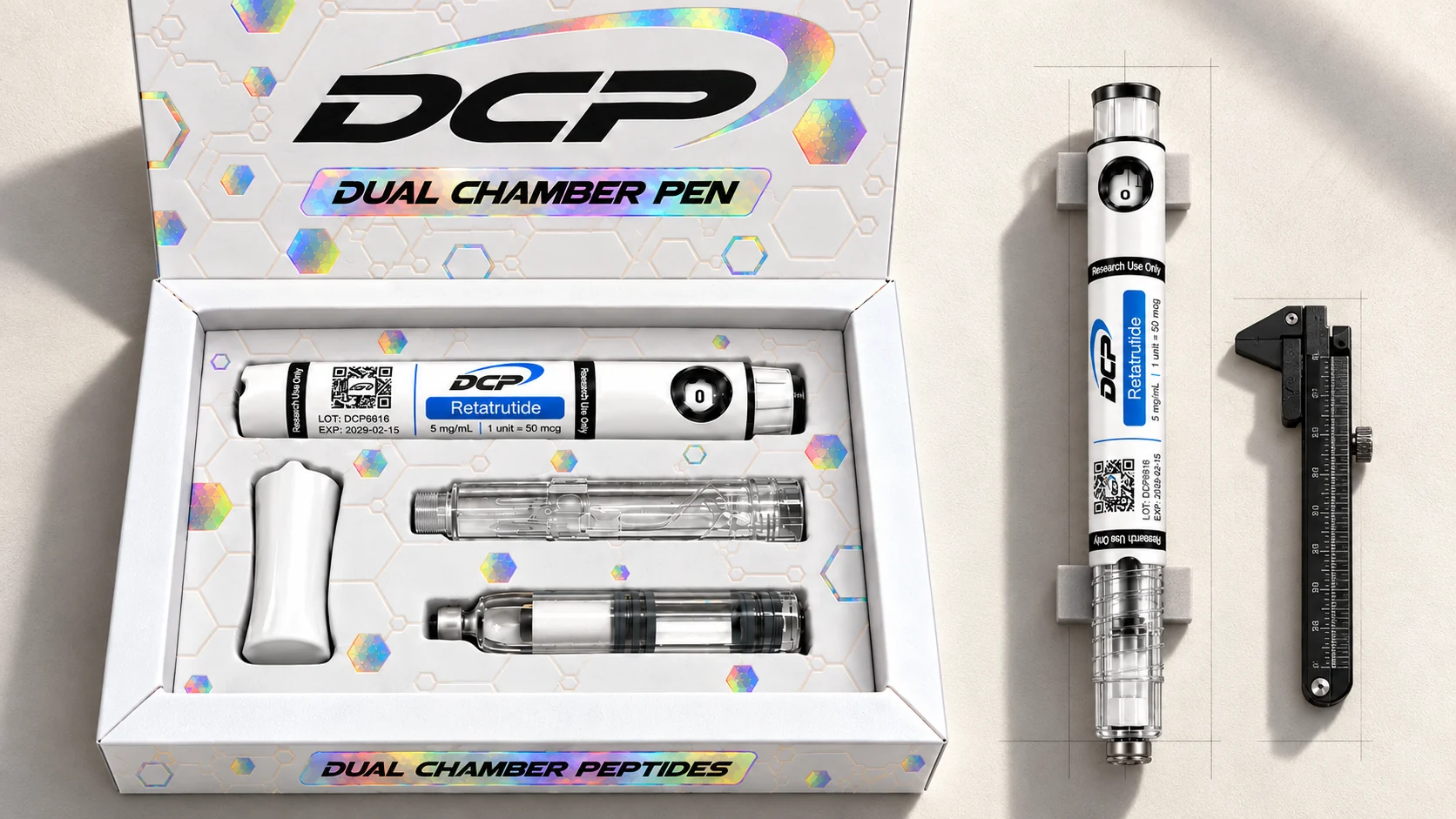 Dual Chamber Peptides — Redakcyjna kompozycja produktów; nie jest zdjęciem rzeczywistych obiektów, akcesoriów ani wyników badań.