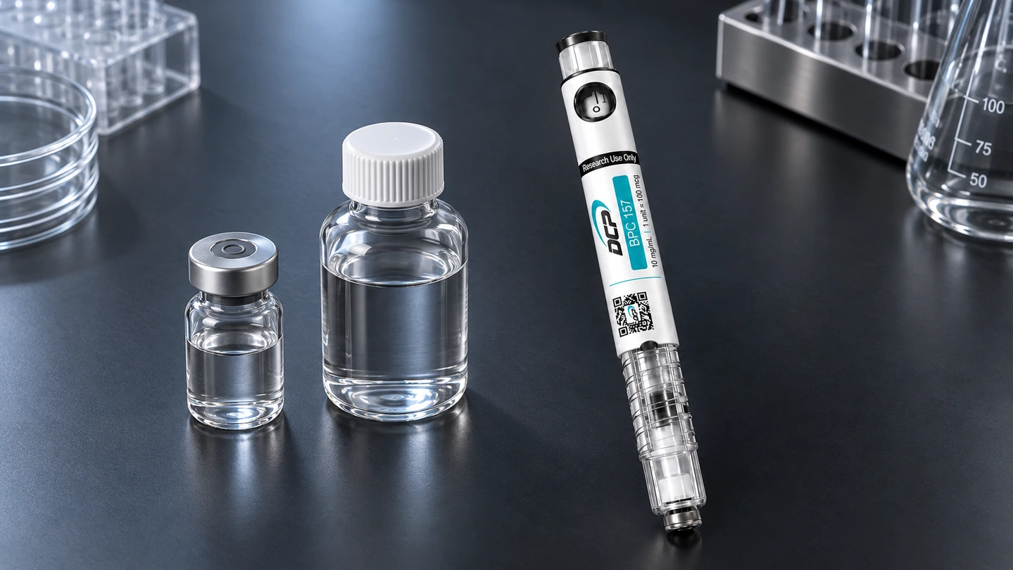 Pen Dual Chamber Peptides obok konwencjonalnej fiolki, butelki z rozpuszczalnikiem i zapakowanego sprzętu laboratoryjnego